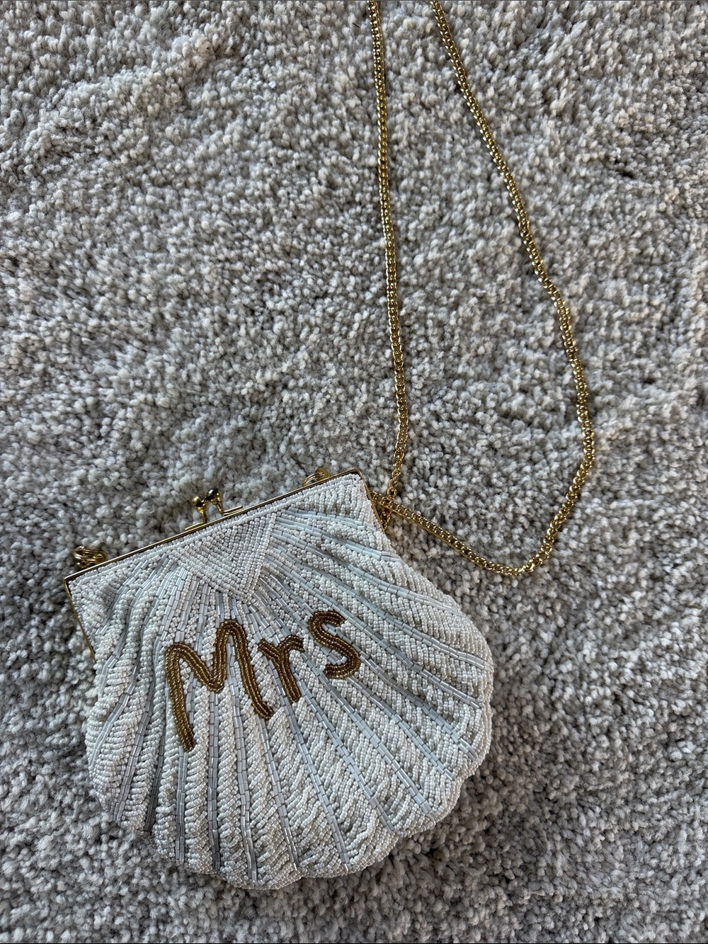 12th Tribe White Beaded 'Mrs' Shell Clutch with Gold Chain